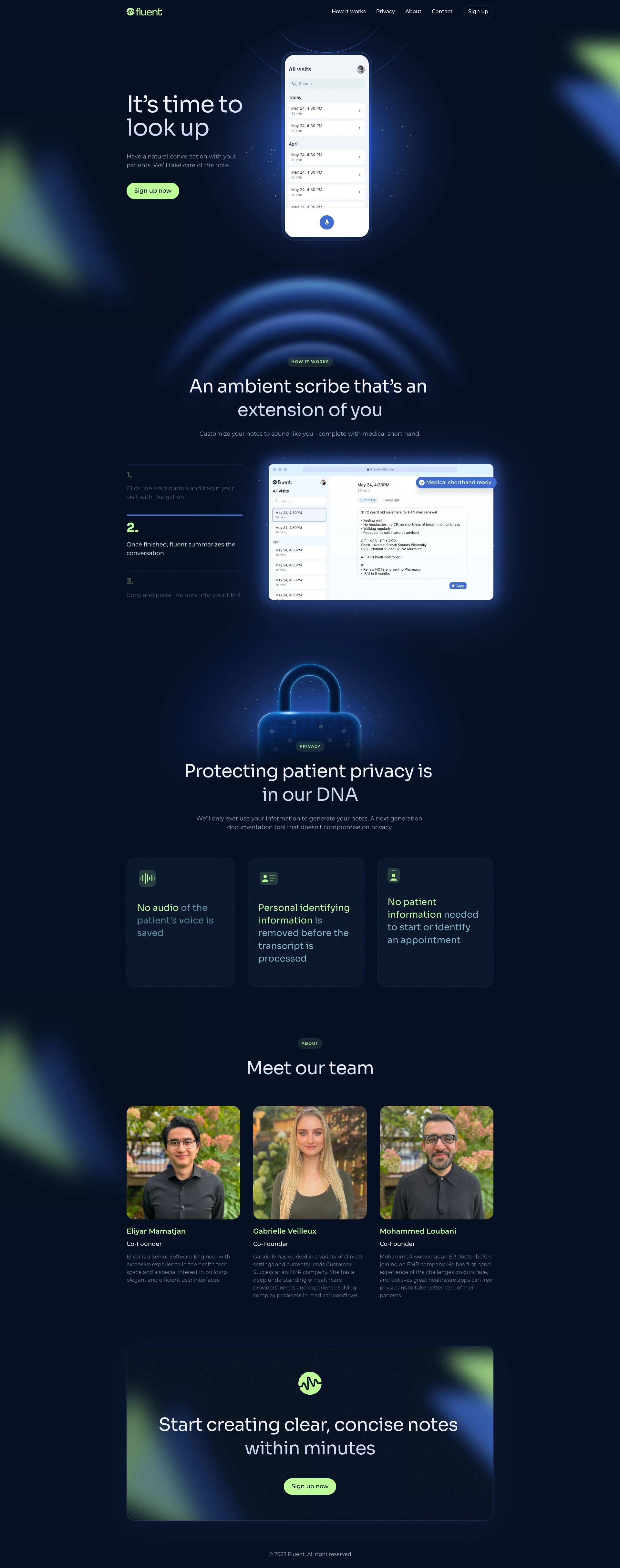 Fluent Health Landing Page Example: Have a natural conversation with your patients, and Fluent will take care of your medical notes.