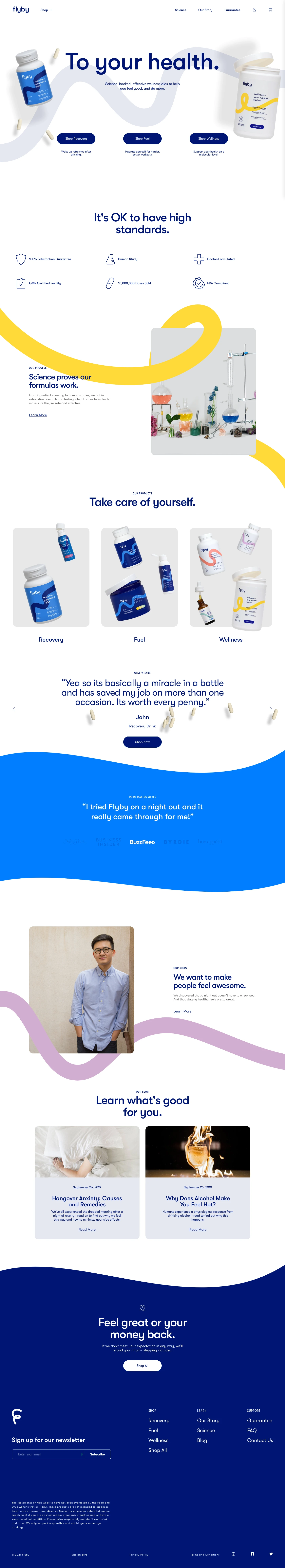 Flyby Landing Page Example: Science-backed, effective wellness aids to help you feel good, and do more. We put in exhaustive research and testing into all of our formulas to make sure they’re safe and effective.