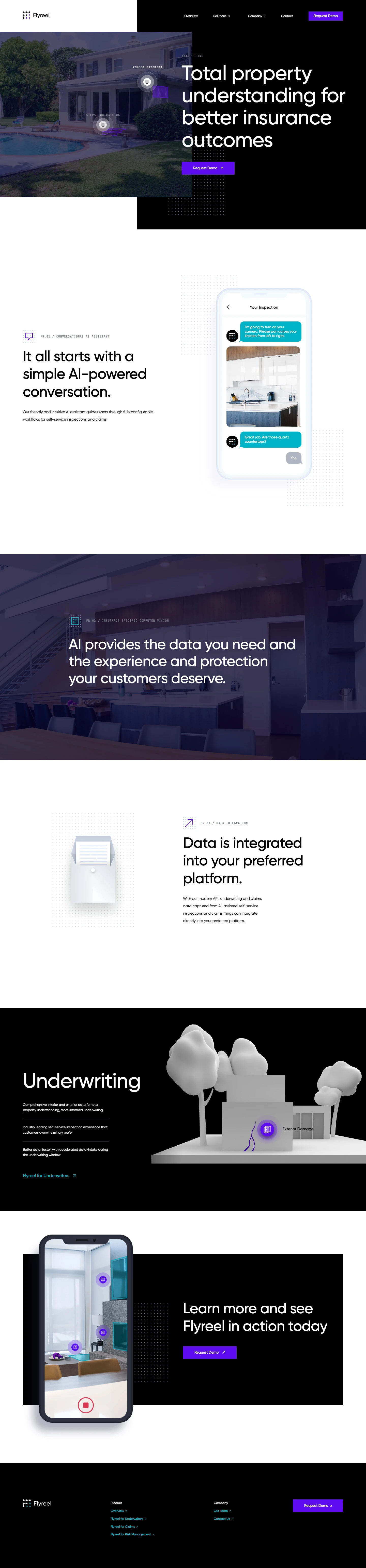 Flyreel Landing Page Example: AI for property casualty insurance carriers. Achieve total property understanding with AI-assisted self-service inspections and claims.