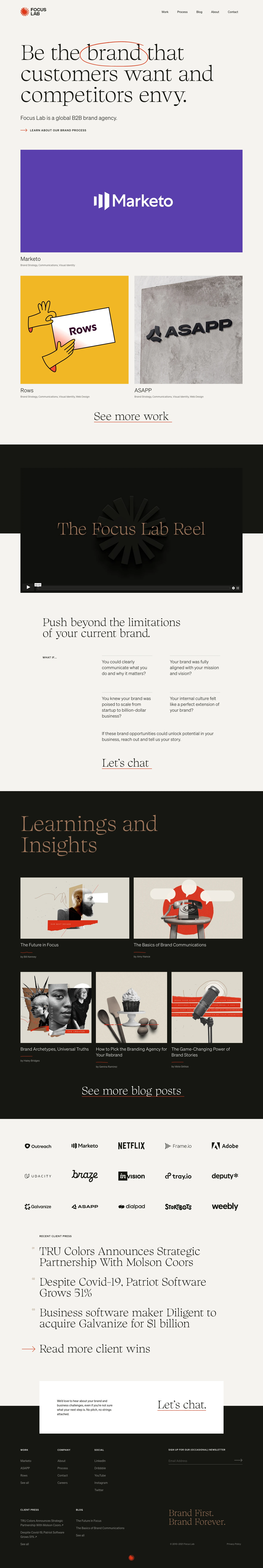 Focus Lab Landing Page Example: Be the brand that customers want and competitors envy. Focus Lab is a global B2B brand agency.