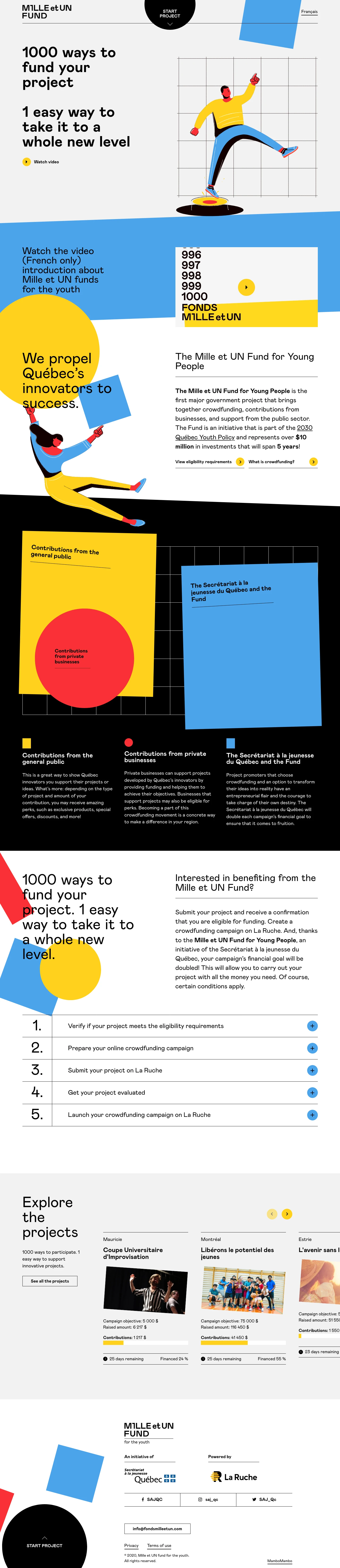 Mille et UN fund Landing Page Example: The Mille et UN Fund for Young People is the first major government project that brings together crowdfunding, contributions from businesses, and support from the public sector.