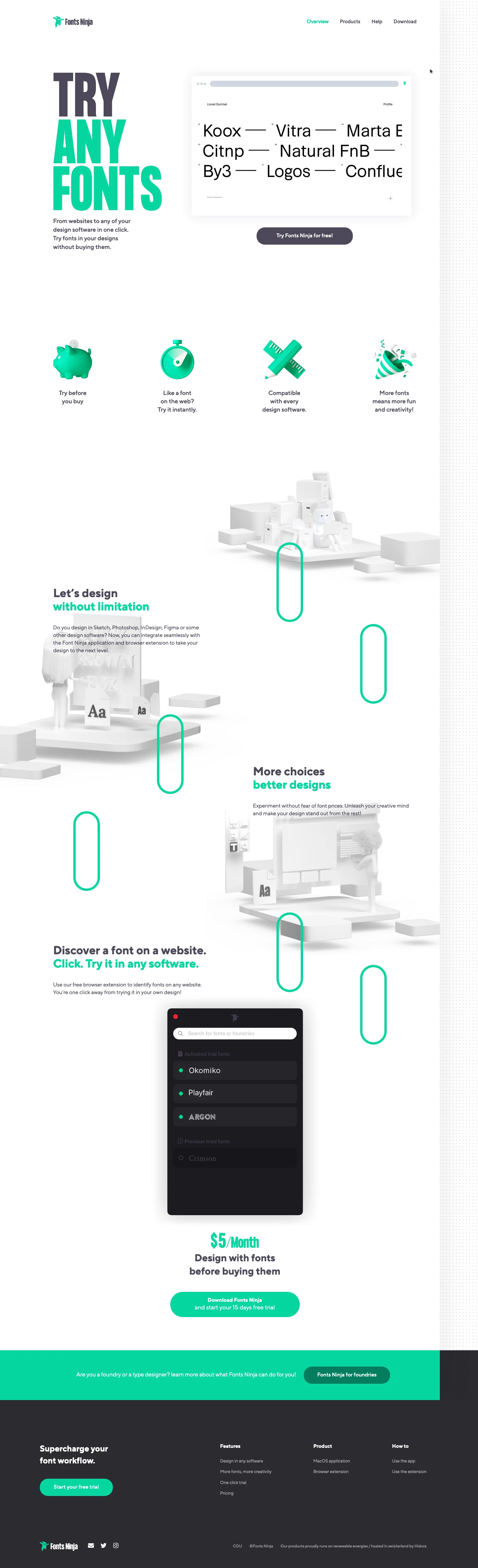 Fonts Ninja Landing Page Example: Try any fonts. From websites to any of your design software in one click. Try fonts in your designs without buying them.