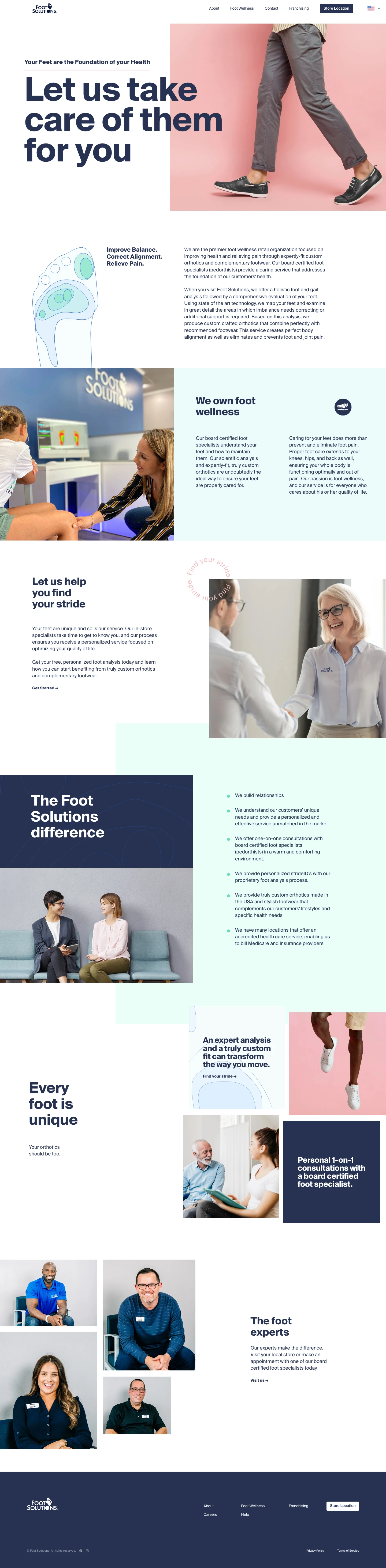 Foot Solutions Landing Page Example: We are the premier foot wellness retail organization focused on improving health and relieving pain through expertly-fit custom orthotics and complementary footwear.
