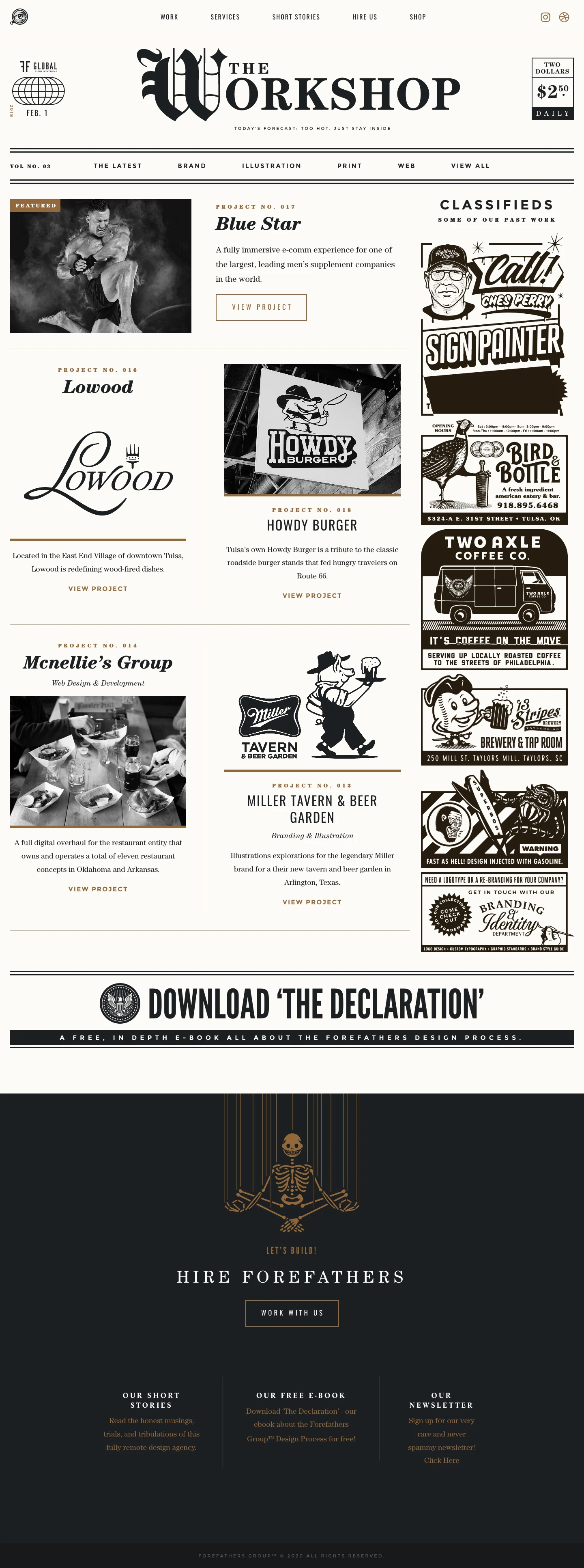 Forefathers Landing Page Example: We’re Forefathers, a powerful team of designers who are passionate about results-driven, visually striking design that positively impacts the course of clients’ businesses and lives.