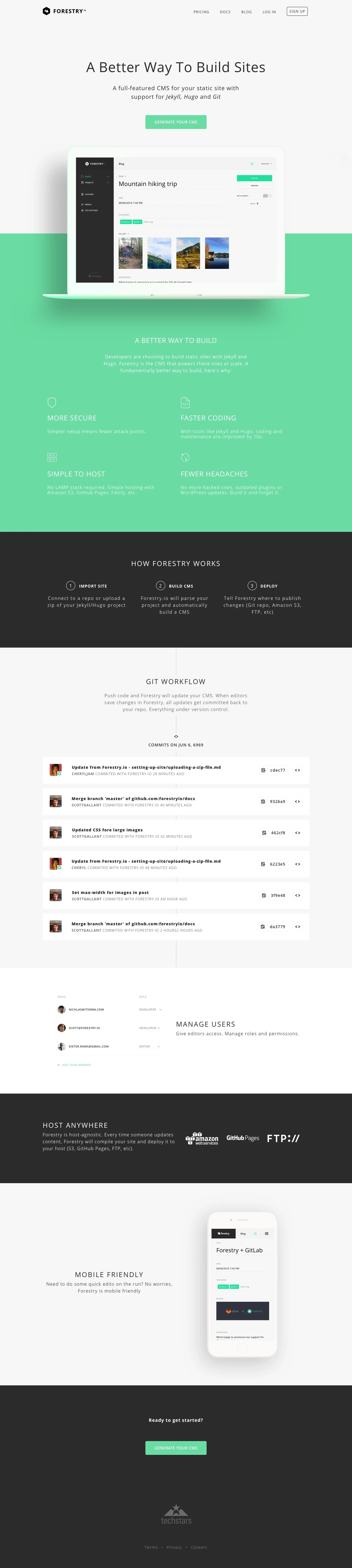 Forestry Landing Page Example: A Static Site CMS for Hugo and Jekyll. A Better Way To Build Sites.