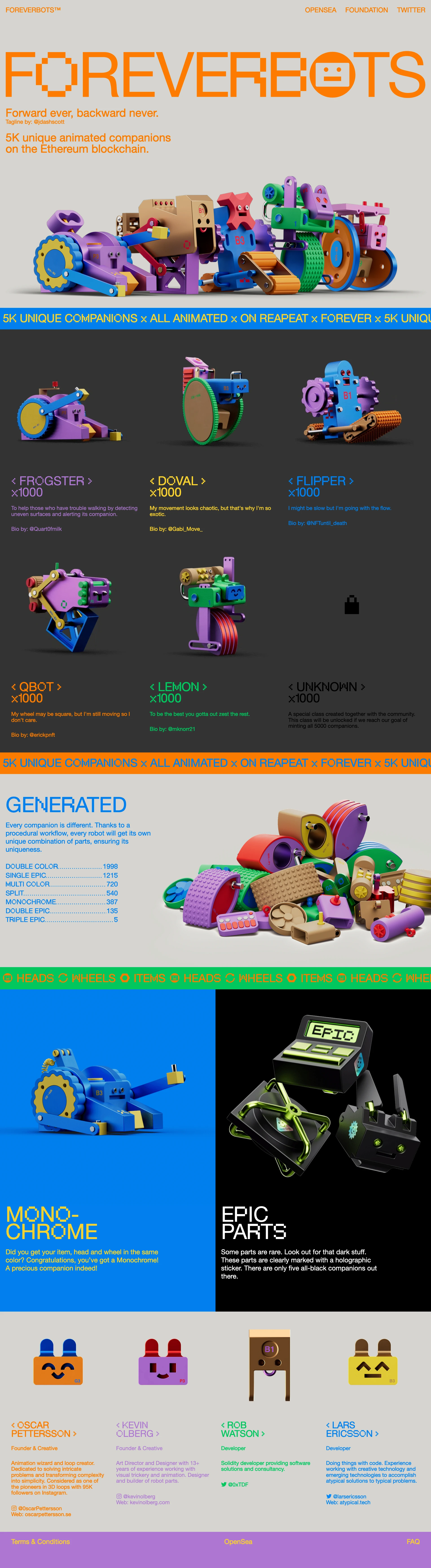 ForeverBots Landing Page Example: 5K unique animated companions on the Ethereum blockchain.