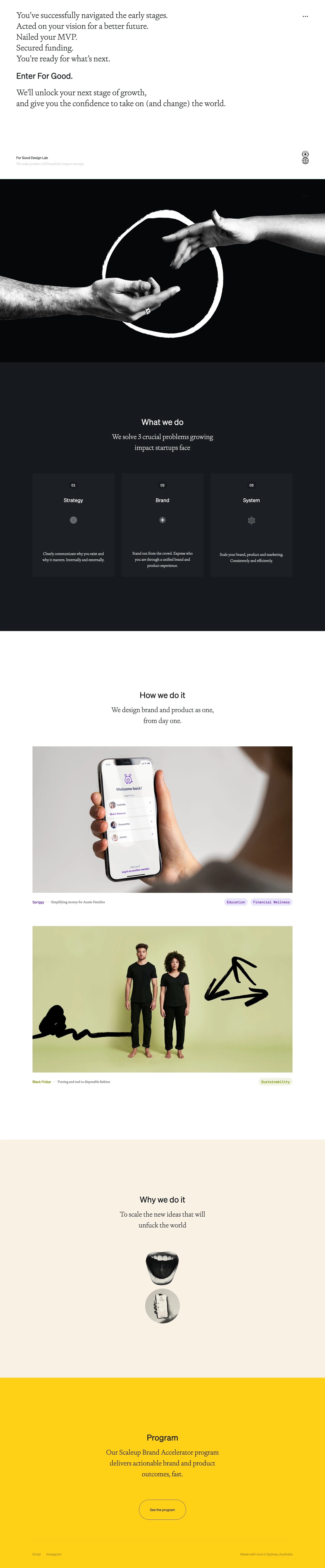 For Good Design Lab Landing Page Example: Product-led brands for the new ideas that will unfuck the world.