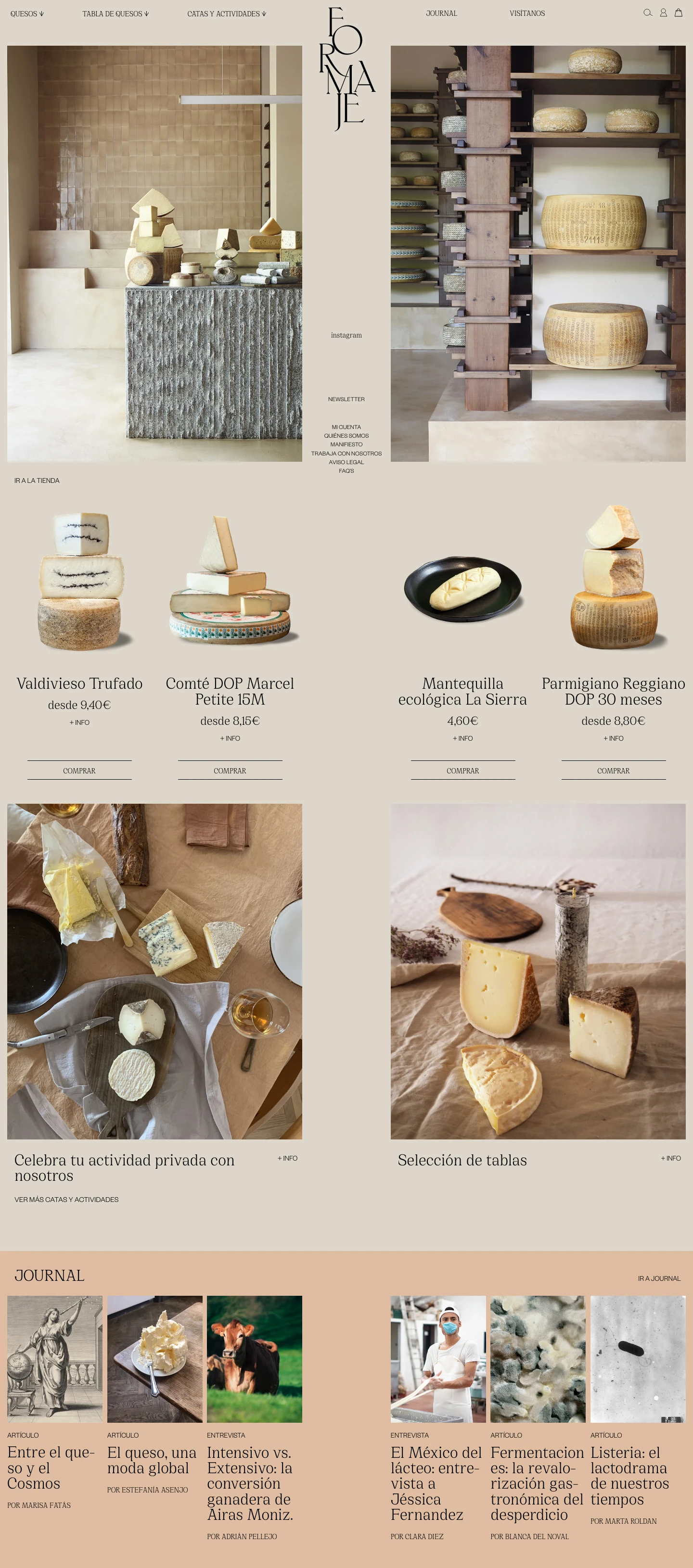 Formaje Landing Page Example: Buy artisan cheeses online, natural cheeses from ecological and sustainable farms, made with raw milk. Refrigerated shipments to the entire peninsula in 24/48 hours. Visit our cheese factory in Madrid, at Plaza de Chamberí, 9.