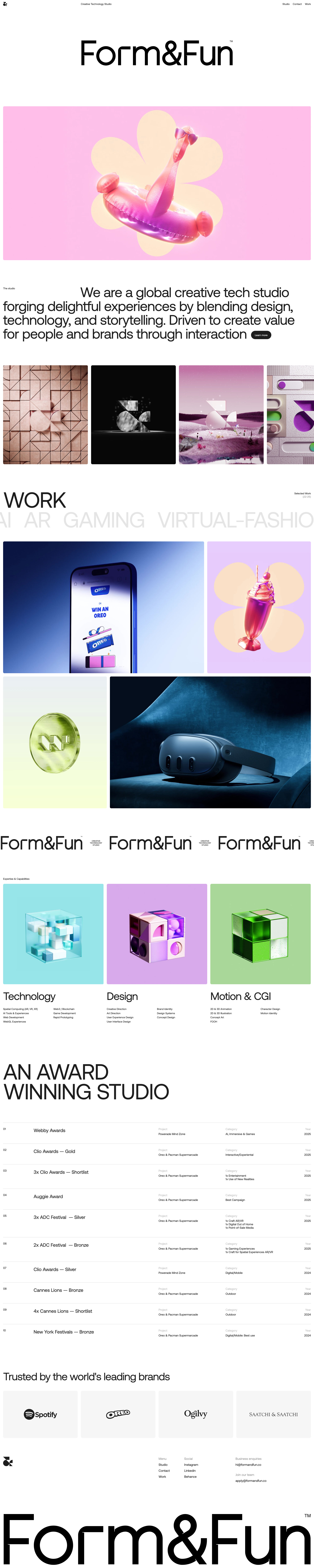 Form&Fun Landing Page Example: A creative studio specialized in creating interactive experiences through new technologies, design and art.
