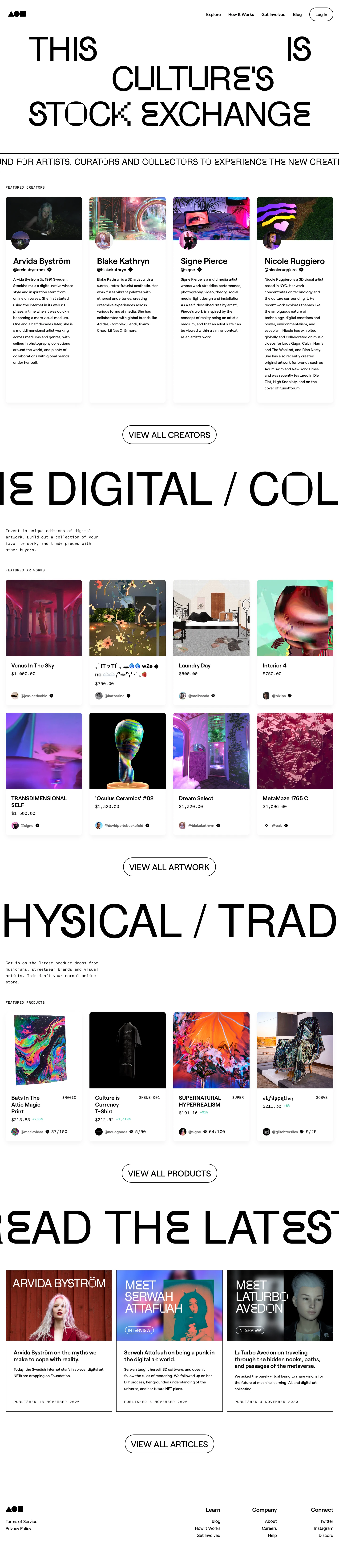 Foundation Landing Page Example: Foundation is a creative playground for artists, curators and collectors to experience the new creative economy.
