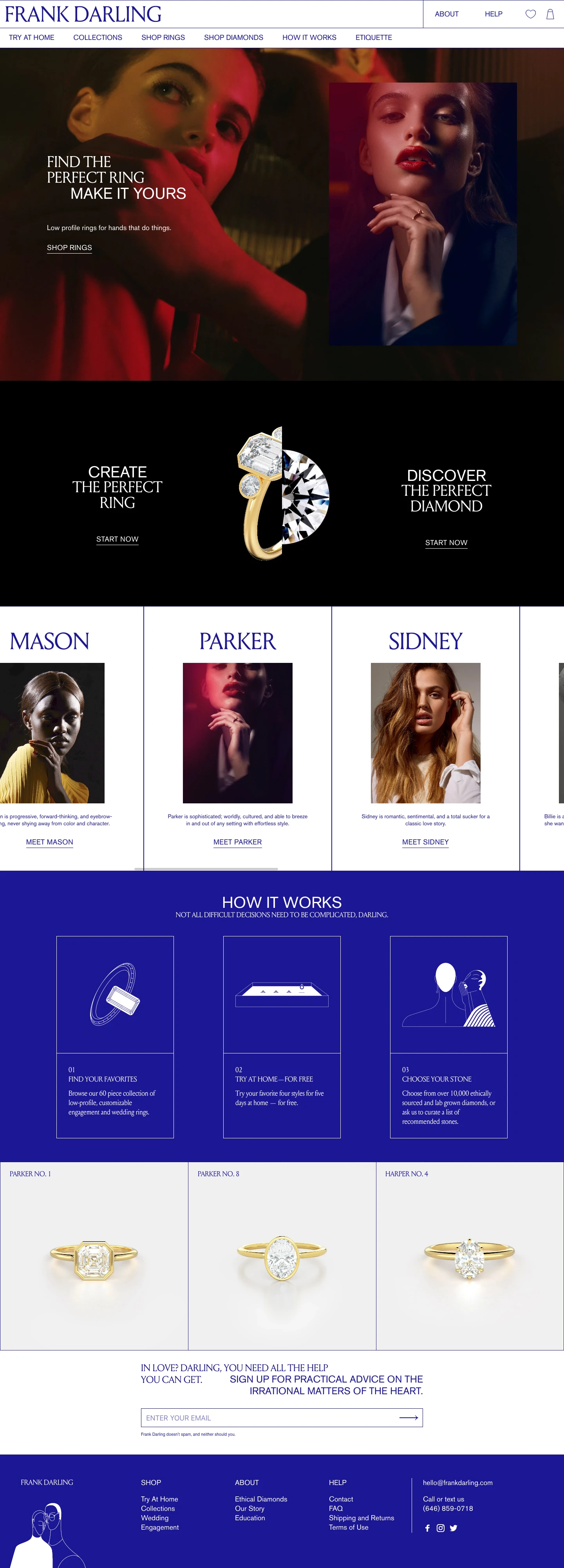 Frank Darling Landing Page Example: Ethically sourced and sustainably grown, diamond jewelry you can try on at home — for free. Free shipping, free returns, certified conflict-free diamonds.
