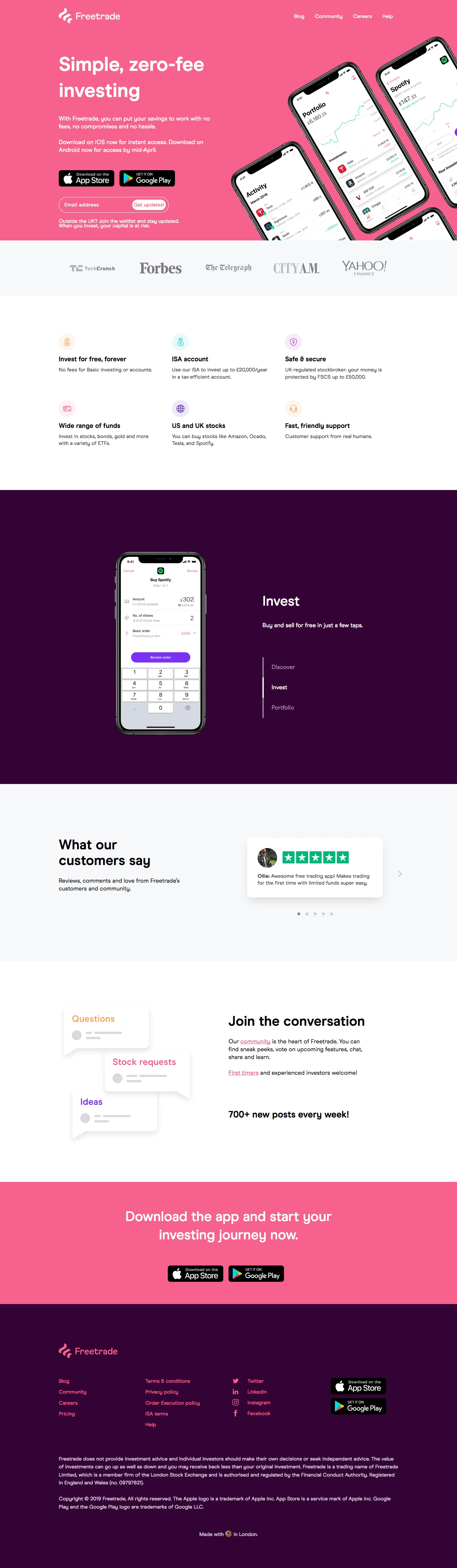 Freetrade Landing Page Example: With Freetrade, you can put your savings to work with no fees, no compromises and no hassle.