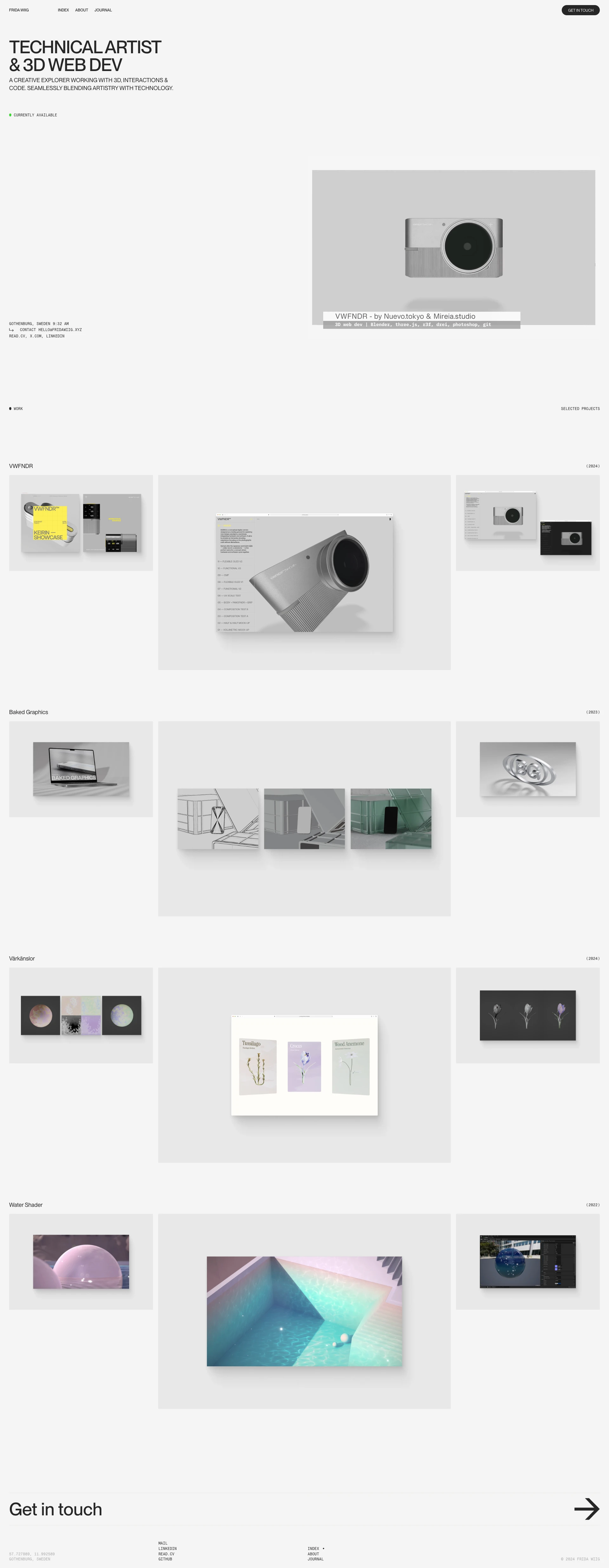 Frida Wiig Landing Page Example: I'm an independent 3D Web Dev & Technical Artist that love to work with early-stage to mid-size companies looking to catalyze some magic. If it involves 3D, Unreal Engine, three.js, Blender, immersive experiences, pipelines, or anything in between — I can help you bring it to life, usually from scratch.