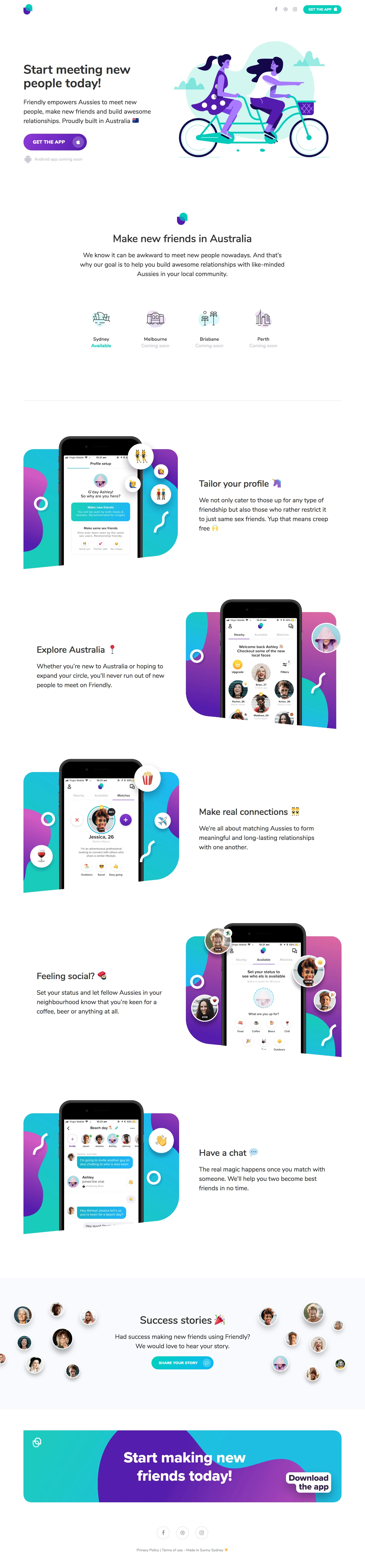 Friendly Landing Page Example: Start meeting new people today! Friendly empowers Aussies to meet new people, make new friends and build awesome relationships. Proudly built in Australia.