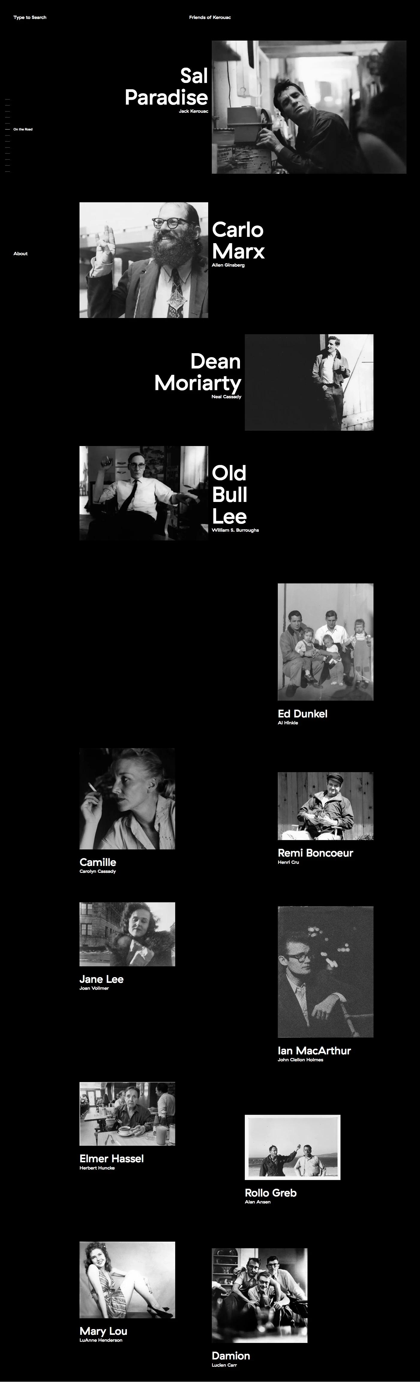 Friends of Kerouac Landing Page Example: Learn about the people who made up the Beat Generation in Kerouac's The Duluoz Legend.
