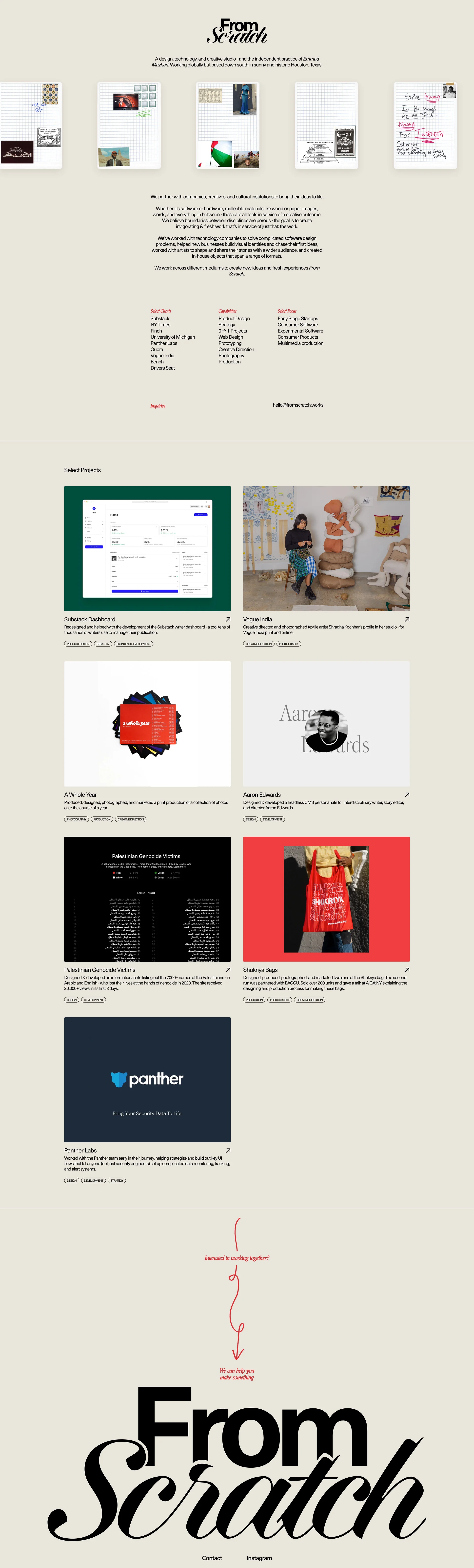 From Scratch Landing Page Example: A design, technology, and creative studio - and the independent practice of Emmad Mazhari. Working globally but based down south in sunny and historic Houston, Texas.