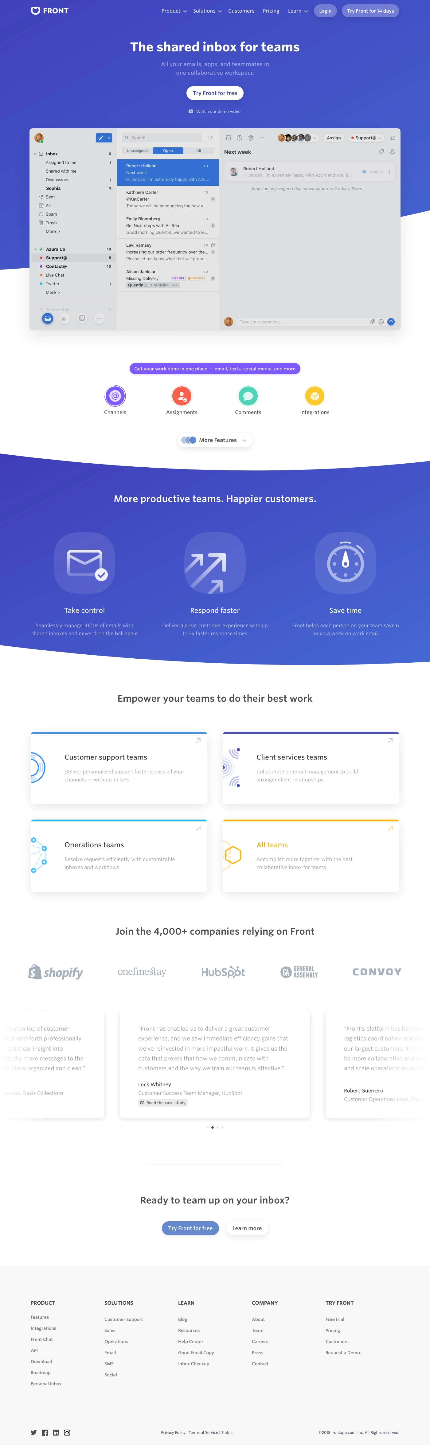 Front Landing Page Example: Front lets you manage all of your communication channels — email, social media, chat, SMS — in one place, and helps your team collaborate around every message.