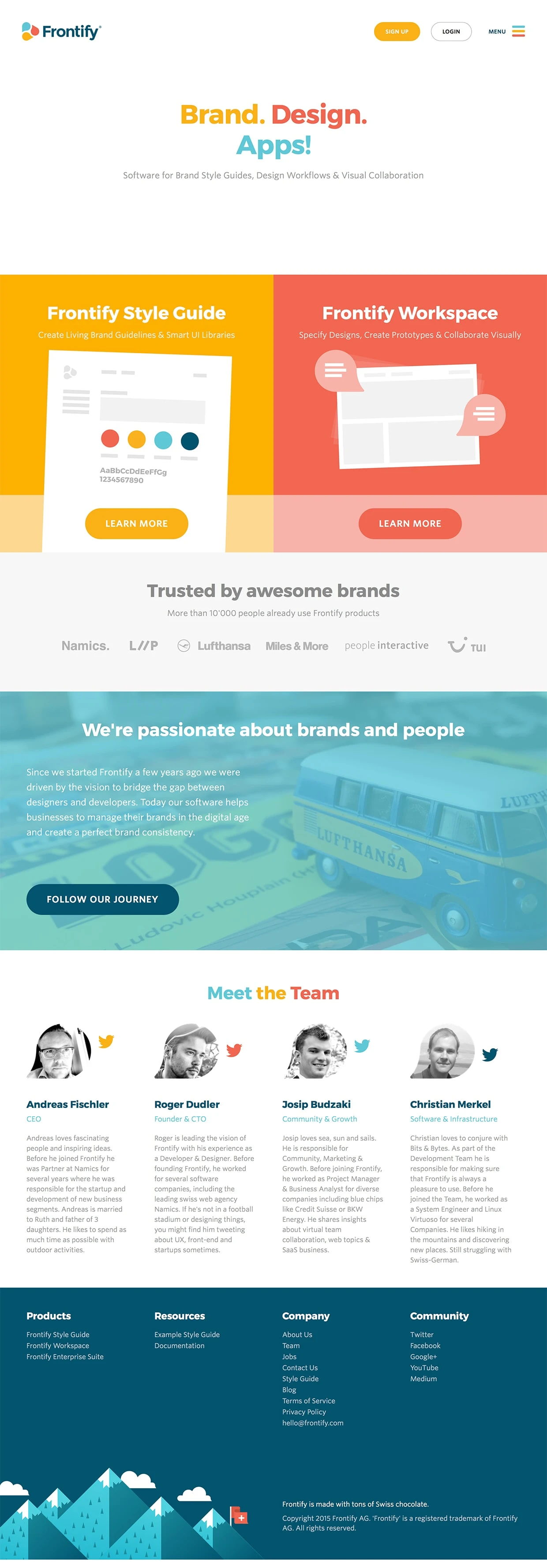 Frontify Landing Page Example: Frontify is a software company based somewhere between Switzerlands deepest blue lakes and highest snowy mountains. Their chocolate fueled craftsmen develop web based apps that help you master the entire web design-to-development workflow (Frontify Workspace), collaborate joyfully and create professional brand & design style guides (Frontify Style Guide).