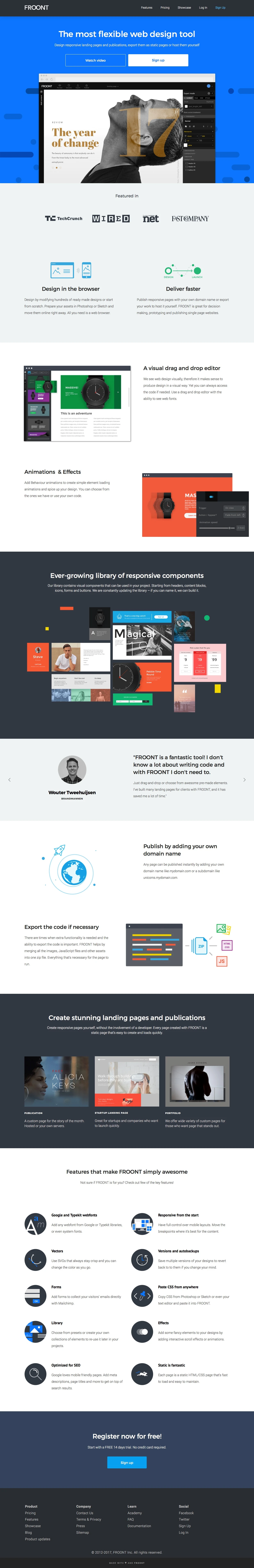 Froont Landing Page Example: Design responsive landing pages and publications, export them as static pages or host them yourself