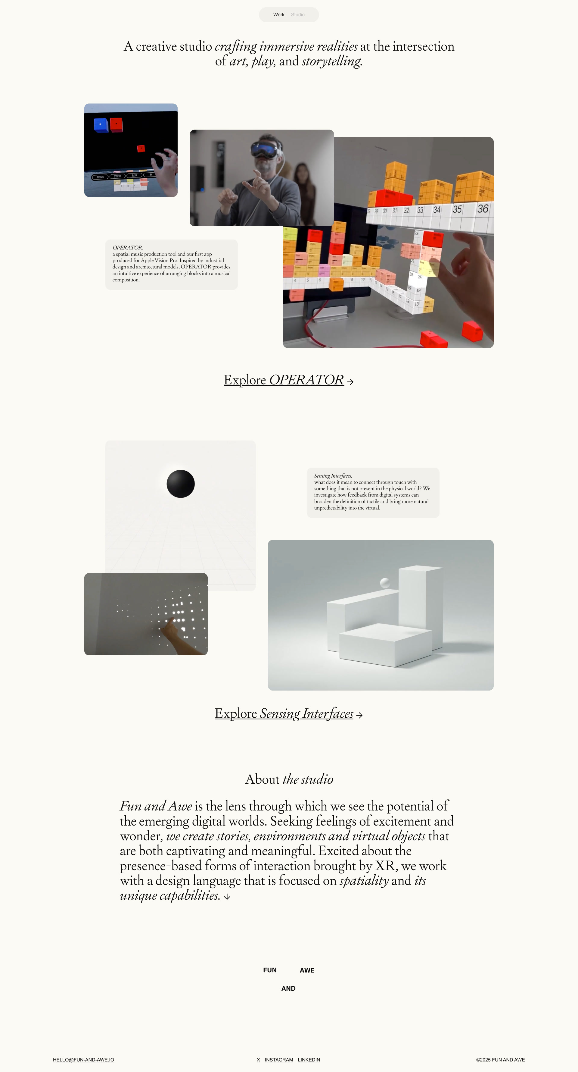 Fun and Awe Landing Page Example: A creative studio crafting immersive realities at the intersection of art, play, and storytelling.