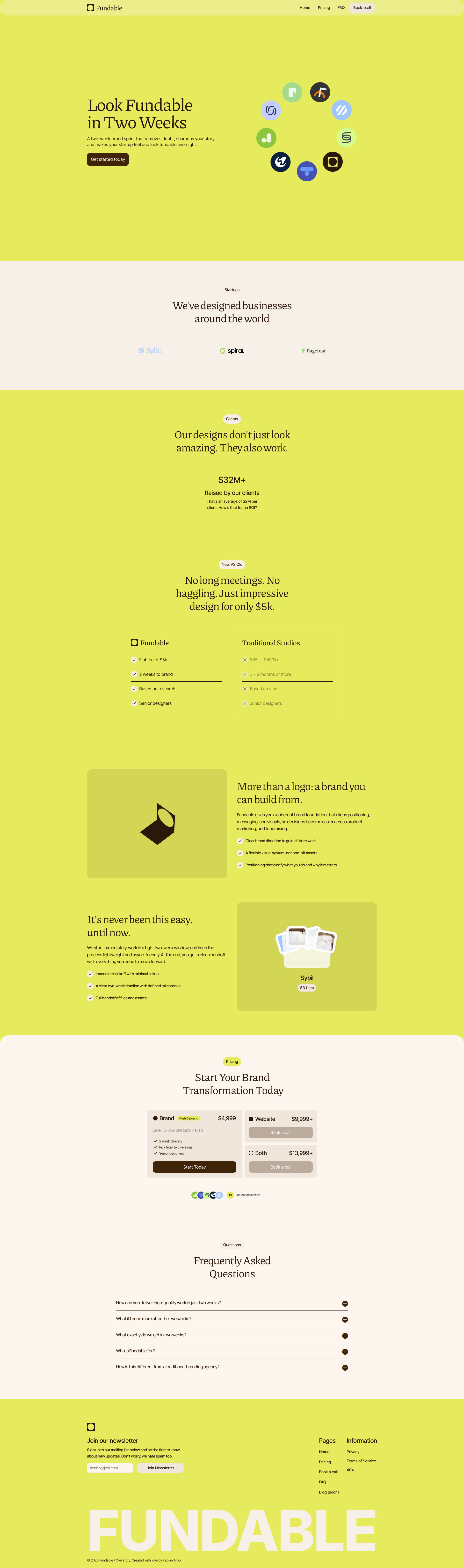 Fundable Landing Page Example: Fundable helps startups look fundable in 14 days through a focused brand sprint—positioning, identity, and launch-ready assets built for founders.