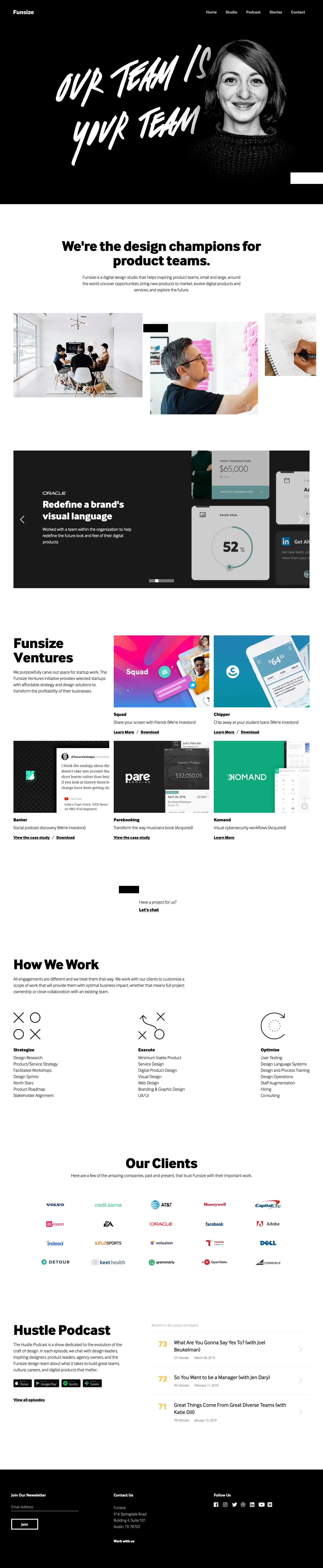 Funsize Landing Page Example: Funsize is a digital service and product design agency that works with inspiring design and engineering teams to uncover opportunities, evolve popular products, bring new businesses to market, and prepare for the future.