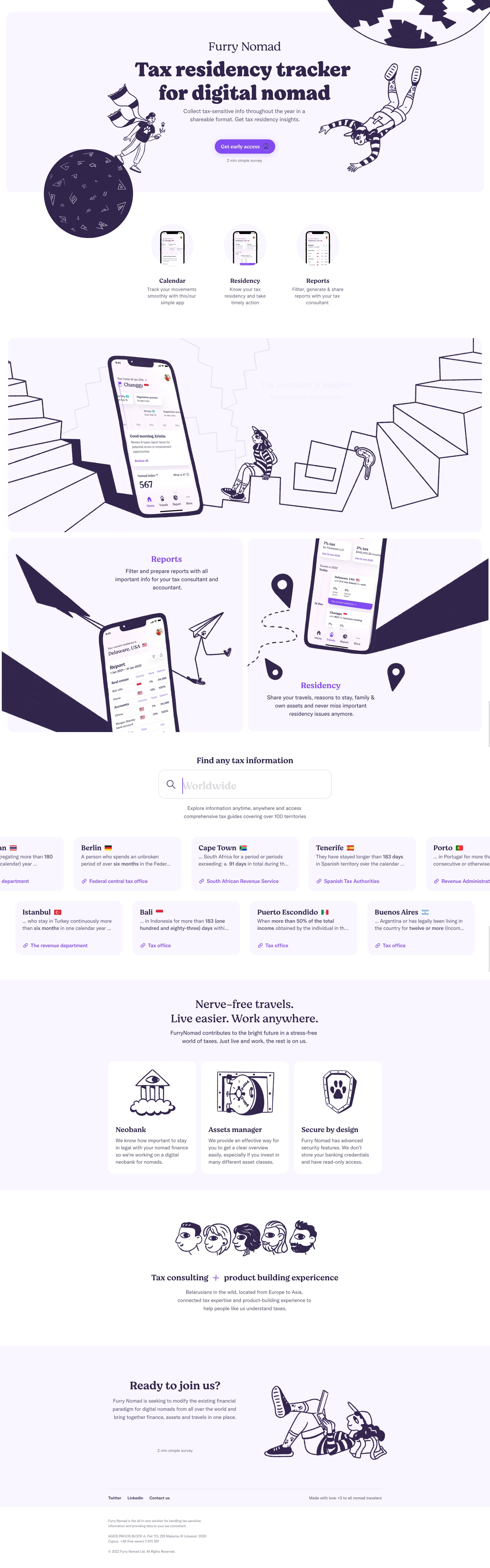 Furry Nomad Landing Page Example: Tax residency tracker for digital nomad. Collect tax-sensitive info throughout the year in a shareable format. Get tax residency insights. 2 min simple survey.