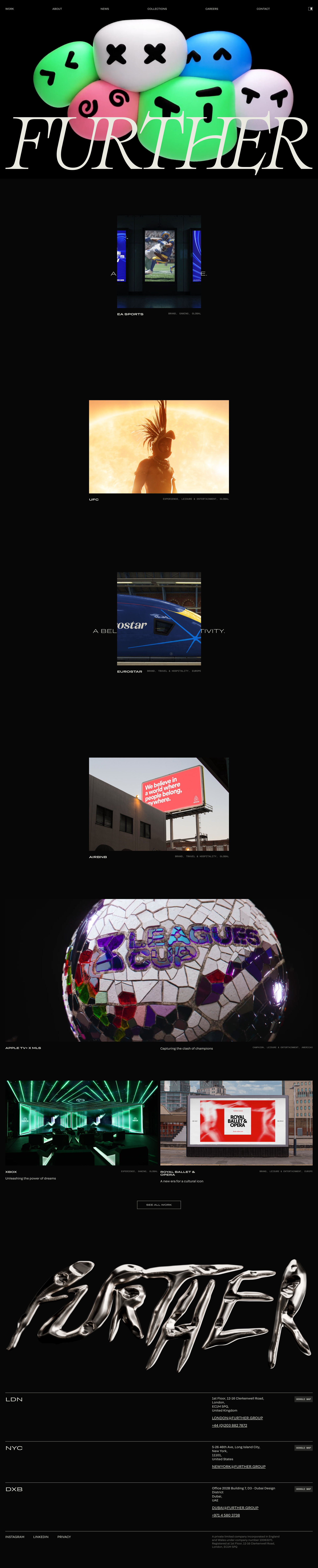 Further Landing Page Example: Further (formerly DesignStudio) is a creative, branding and design agency based in London, New York and Dubai. Built for what’s next.