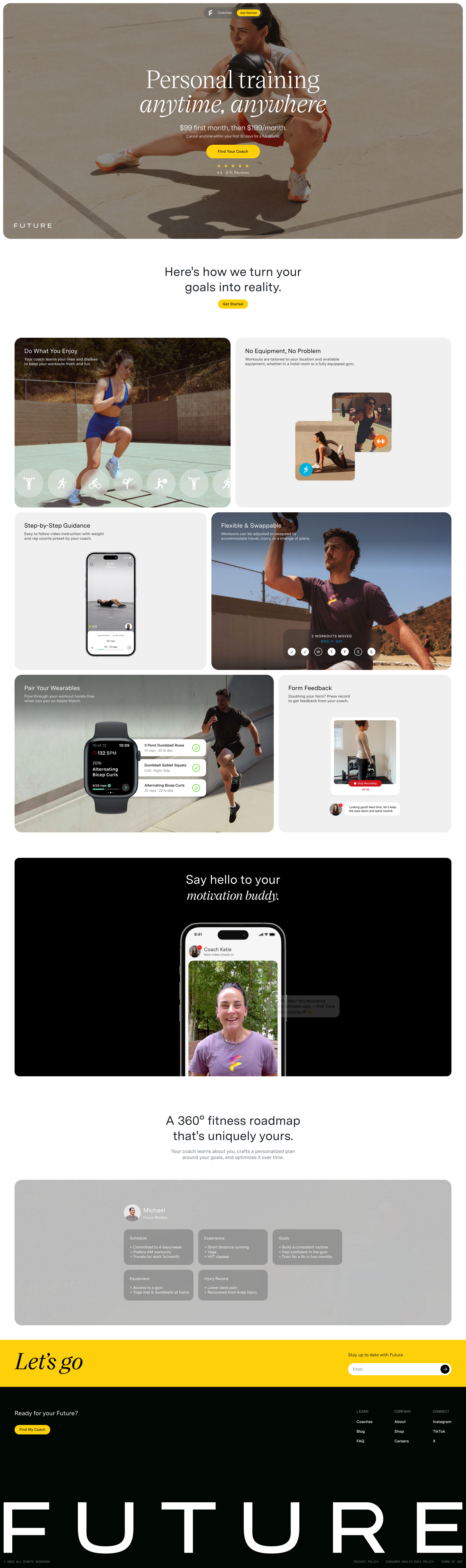 Future Landing Page Example: Get a dedicated coach, personalized training plan and unlimited workouts. Personal training anytime, anywhere