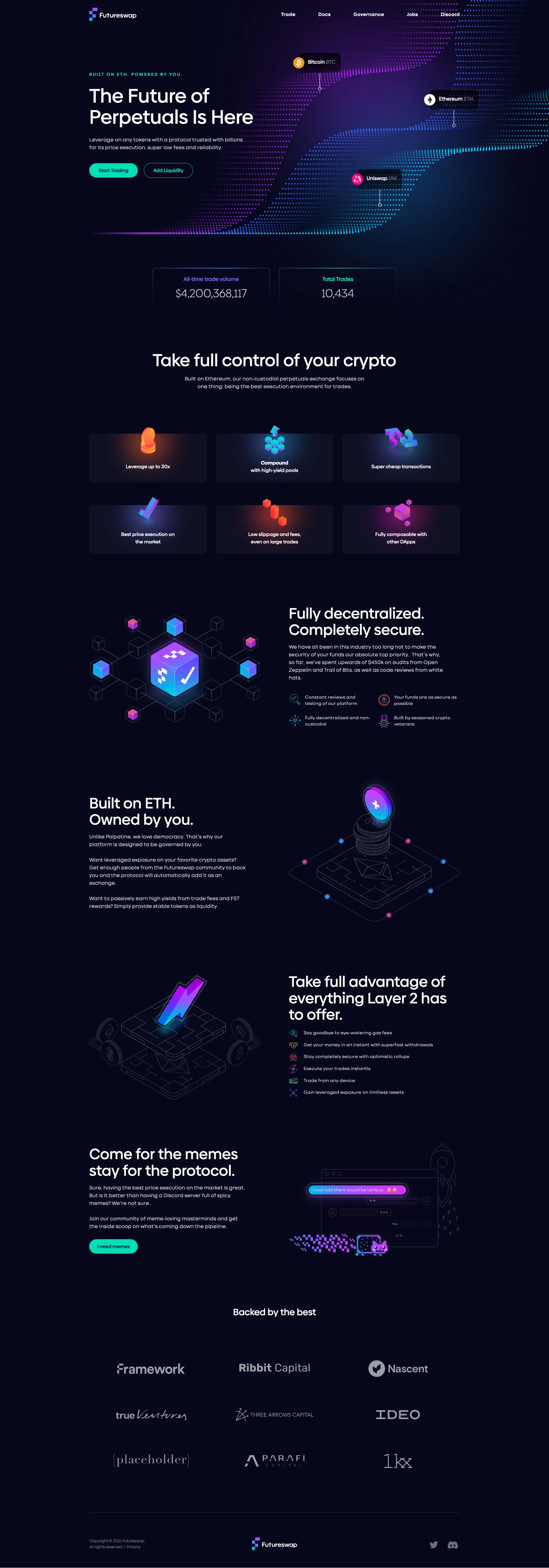 Futureswap Landing Page Example: The most powerful open trading platform for crypto assets. 20x perpetuals with automated market making. Trade or lend cryptocurrency.