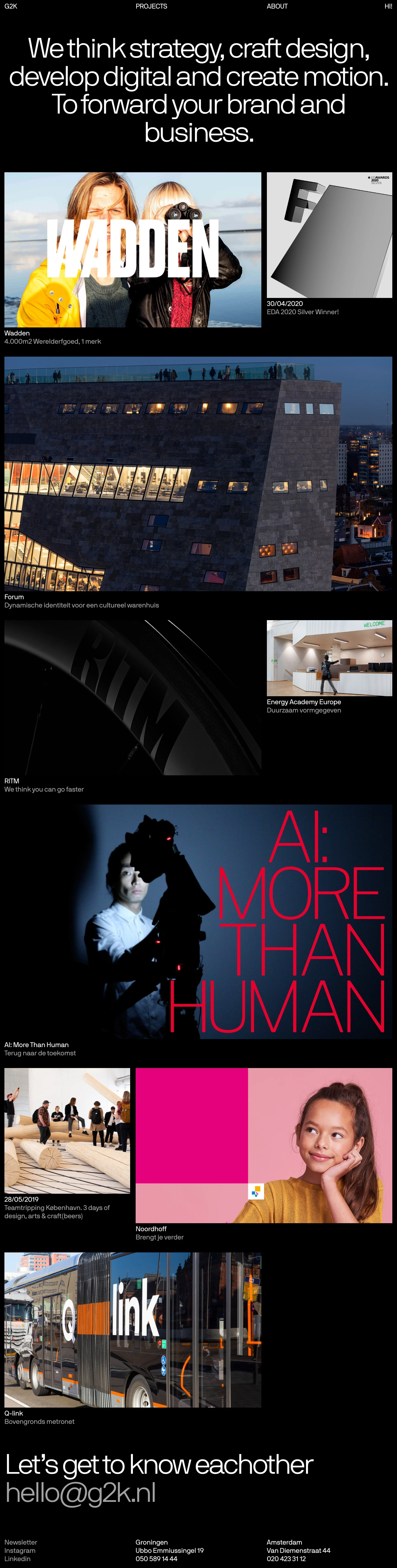 G2K Creative Agency Landing Page Example: We think strategy, craft design, develop digital and create motion. To forward your brand and business.