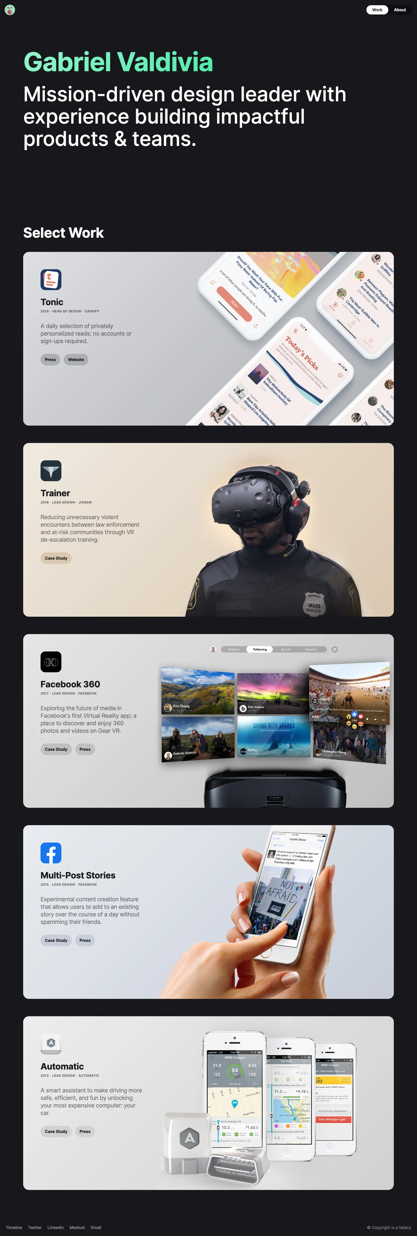 Gabriel Valdivia Landing Page Example: Mission-driven design leader with experience building products for startups & large organizations.