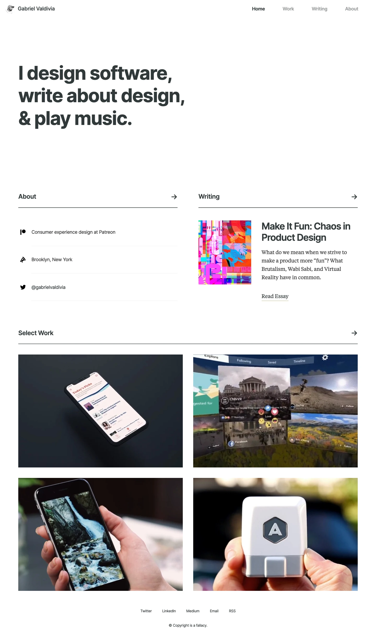 Gabriel Valdivia Landing Page Example: Cuban-American product designer based in Brooklyn, New York. I design software, write about design, & play music.