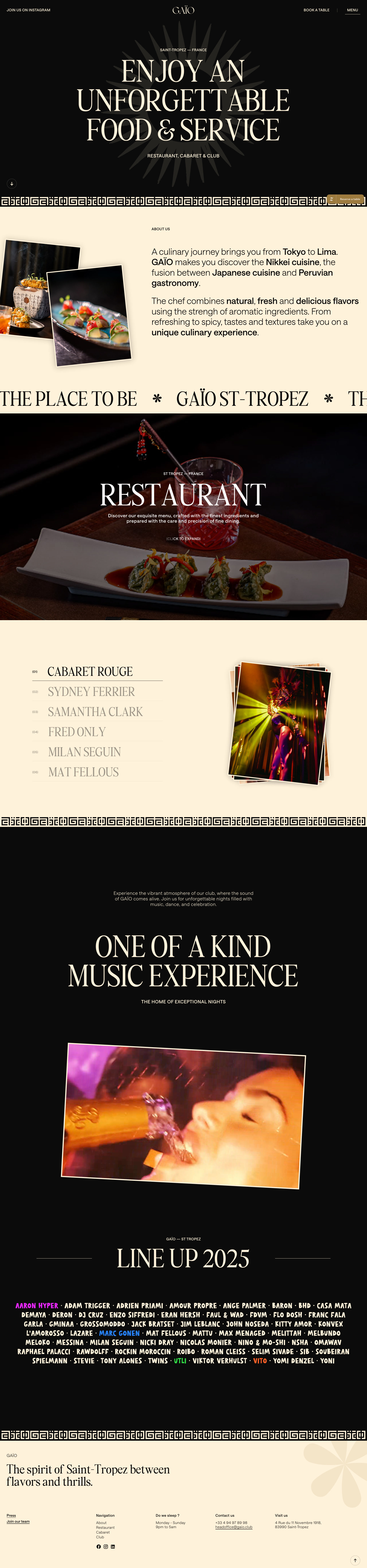 GAÏO Landing Page Example: In the heart of Saint-Tropez, GAÏO offers an exceptional cuisine before turning into a hot party spot for the night.
