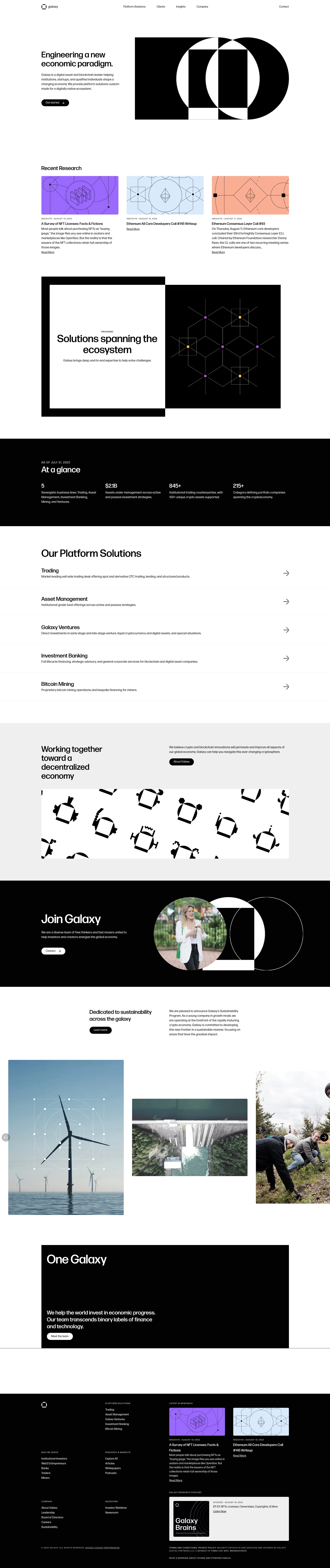 Galaxy Landing Page Example: Engineering a new economic paradigm. Galaxy is a digital asset and blockchain leader helping institutions, startups, and qualified individuals shape a changing economy. We provide platform solutions custom-made for a digitally native ecosystem.