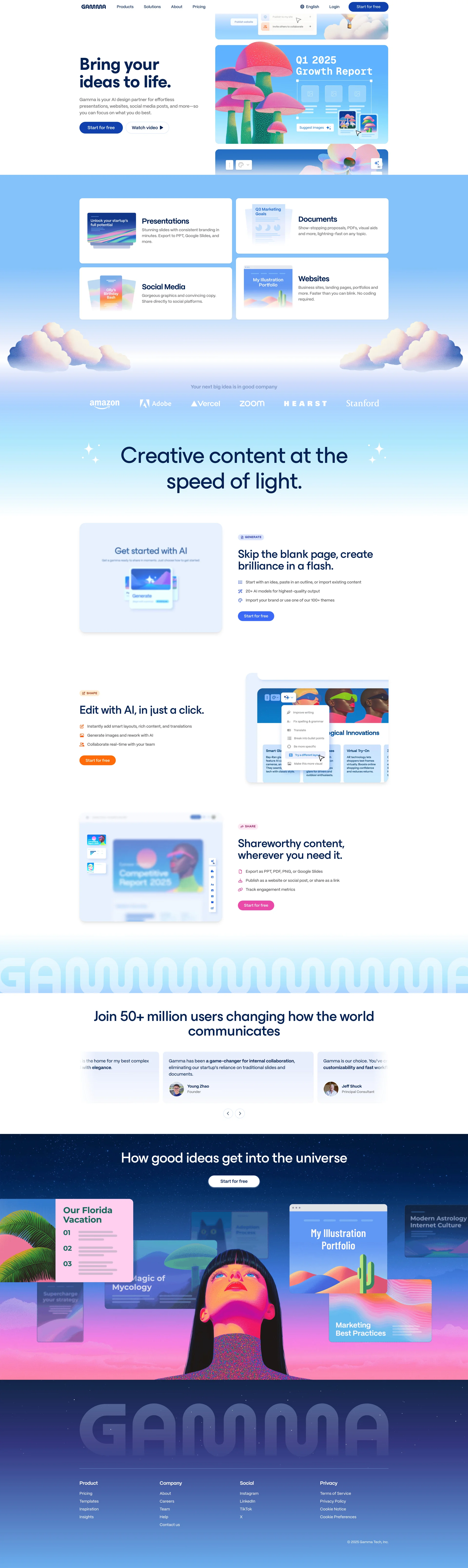 Gamma Landing Page Example: Gamma is your free-to-use AI design partner for creating effortless presentations, websites, and more. No coding or design skills required.