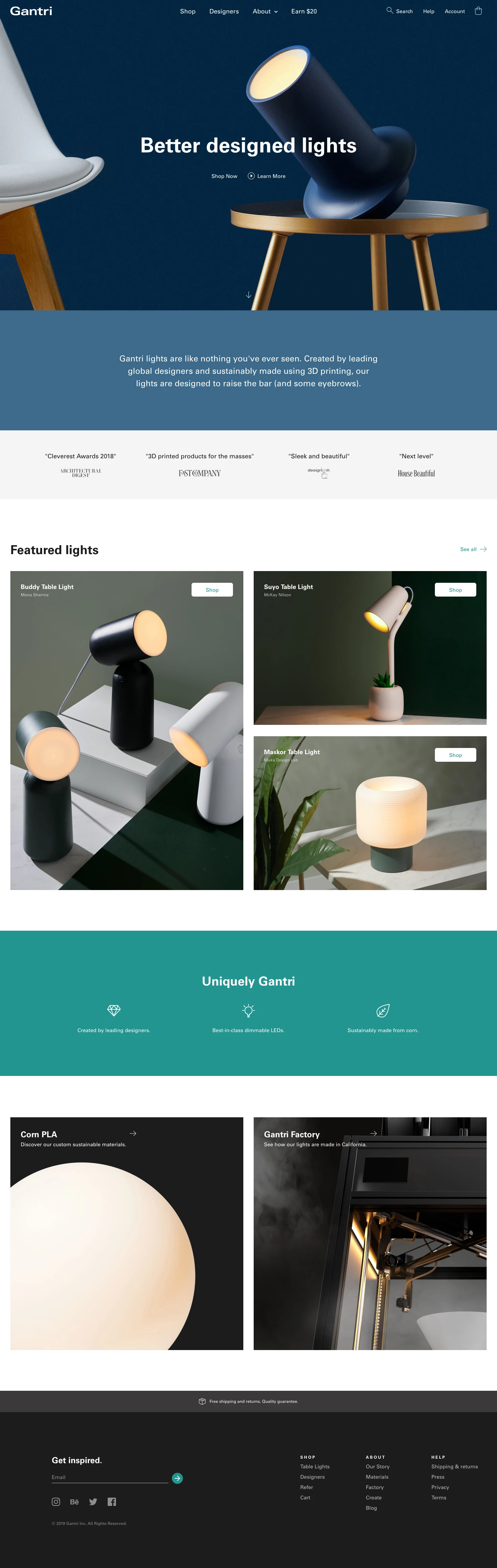 Gantri Landing Page Example: Discover and shop a new generation of lights that are exclusively created by leading global designers and sustainably made at the Gantri Factory using proprietary 3D printing.