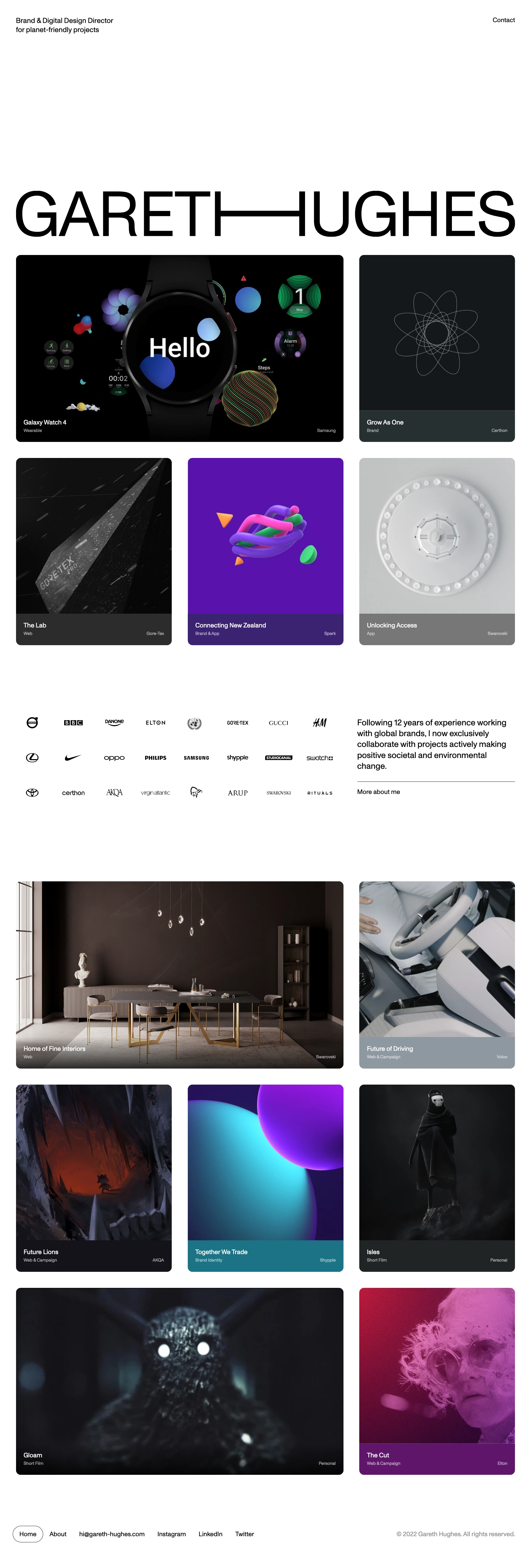 Gareth Hughes Landing Page Example: Portfolio of Gareth Hughes. A Design Director for brand & digital experiences for planet-friendly projects.