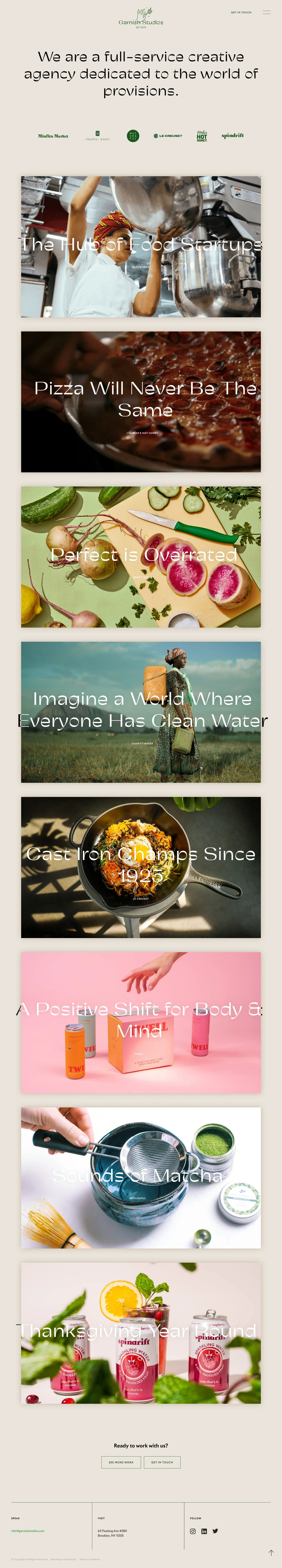 Garnish Studios Landing Page Example: We are a full-service creative agency dedicated to the world of provisions.