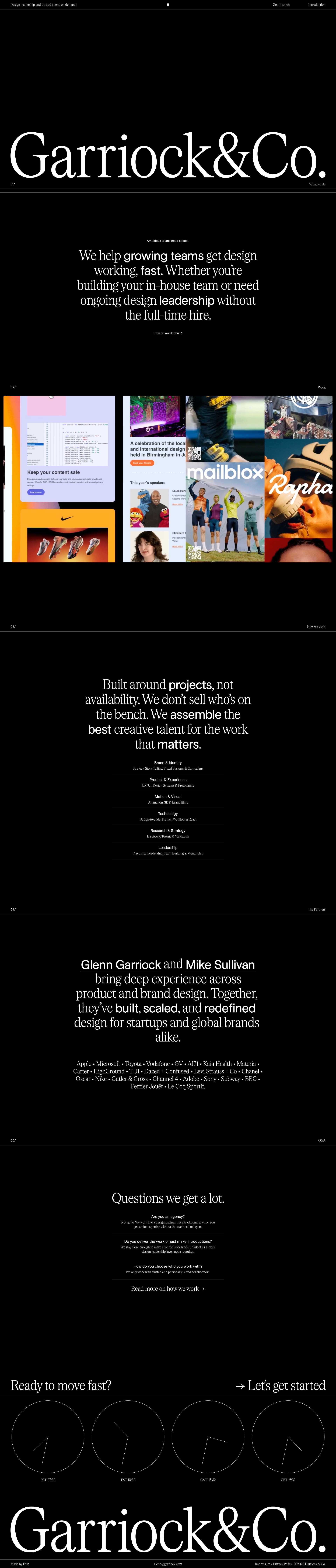 Garriock Landing Page Example: Fast, focused brand and product design with senior talent you can trust. Led by Glenn Garriock & Mike Sullivan.