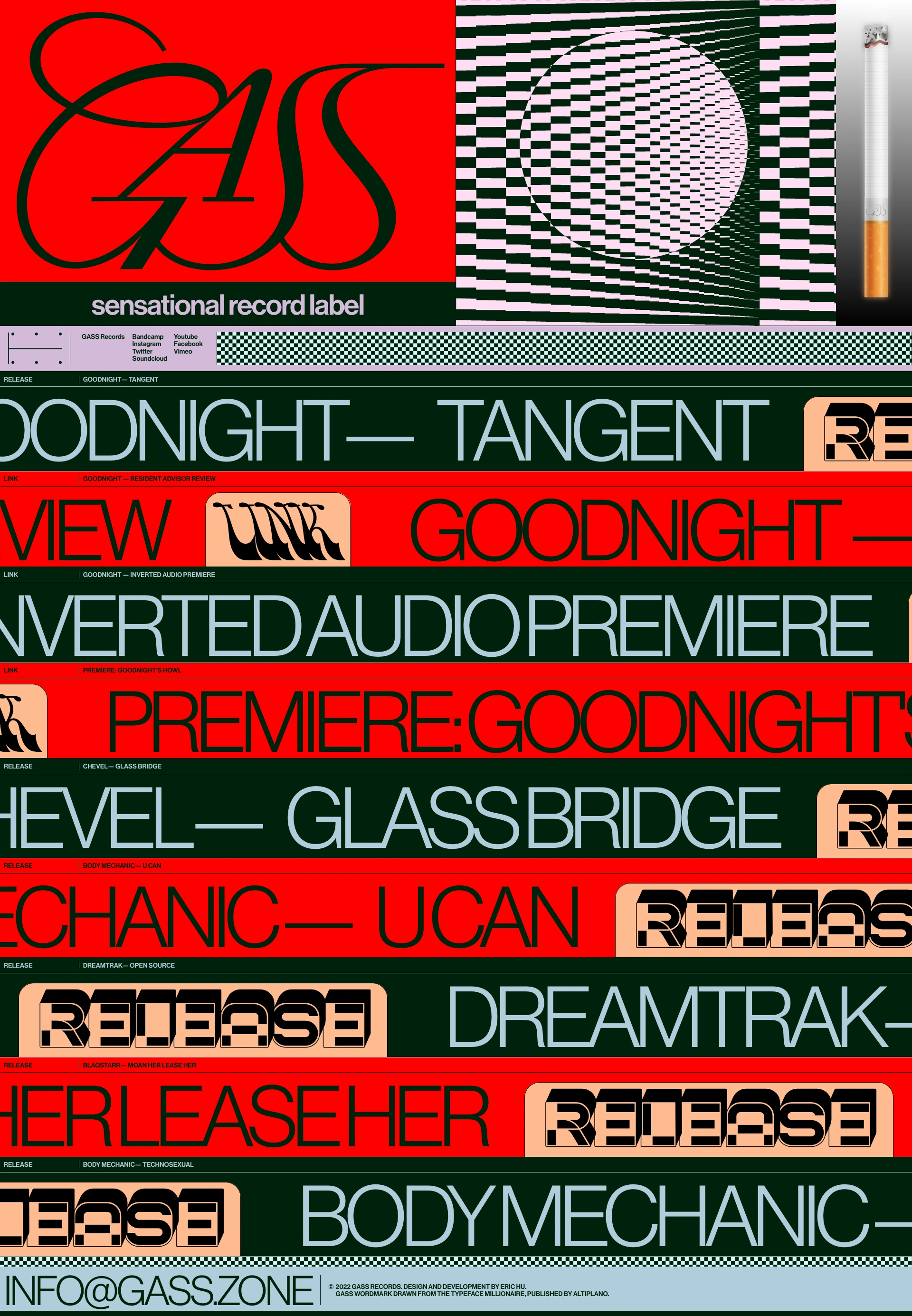 GASS Records Landing Page Example: GASS is inspired by evolving technology and underground dance culture, led and curated by Mamiko Motto. Art direction by Eric Hu.