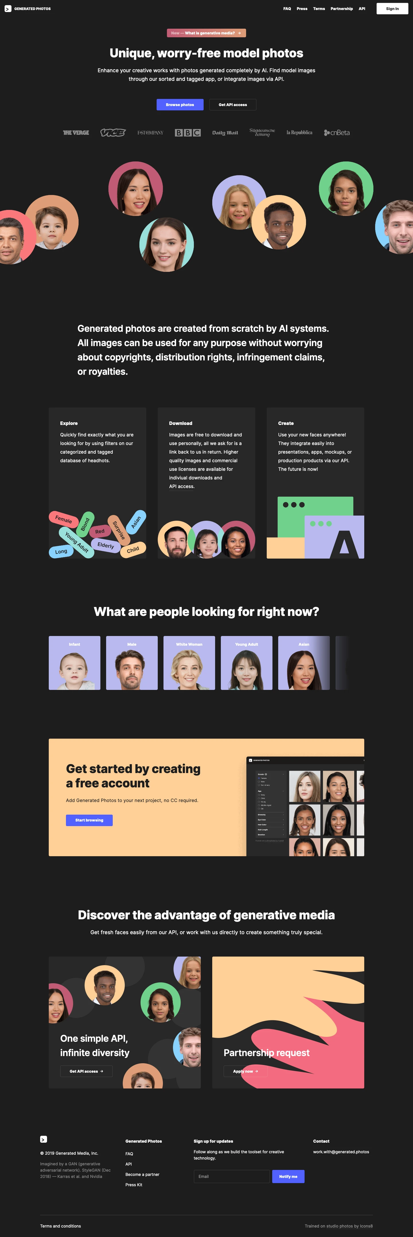 Generated Photos Landing Page Example: AI-generated images have never looked better. Explore and download our diverse, copyright-free headshot images from our production-ready database.
