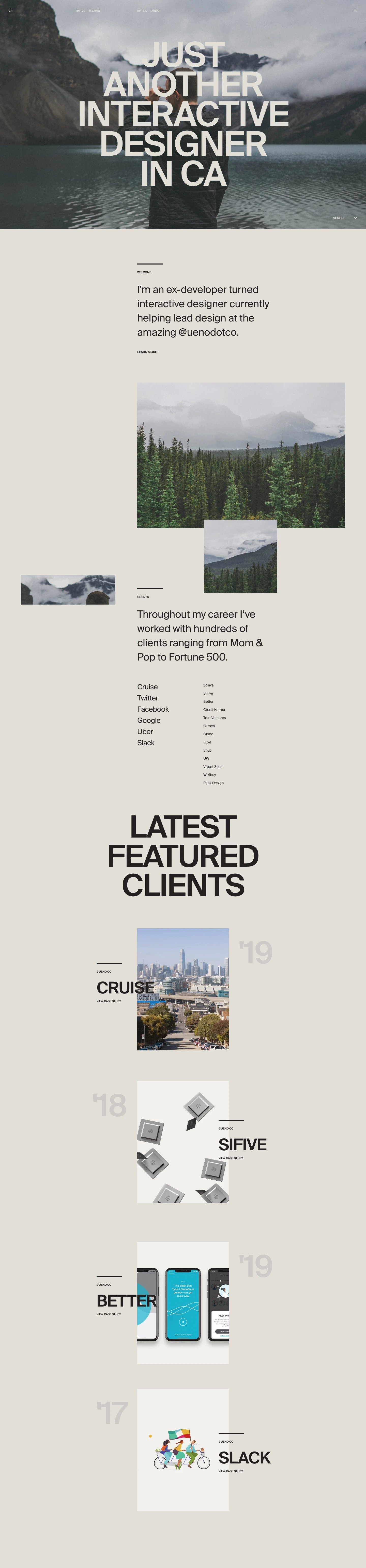 Gene Ross Landing Page Example: I'm an ex-developer turned interactive designer currently helping lead design at the amazing @uenodotco.