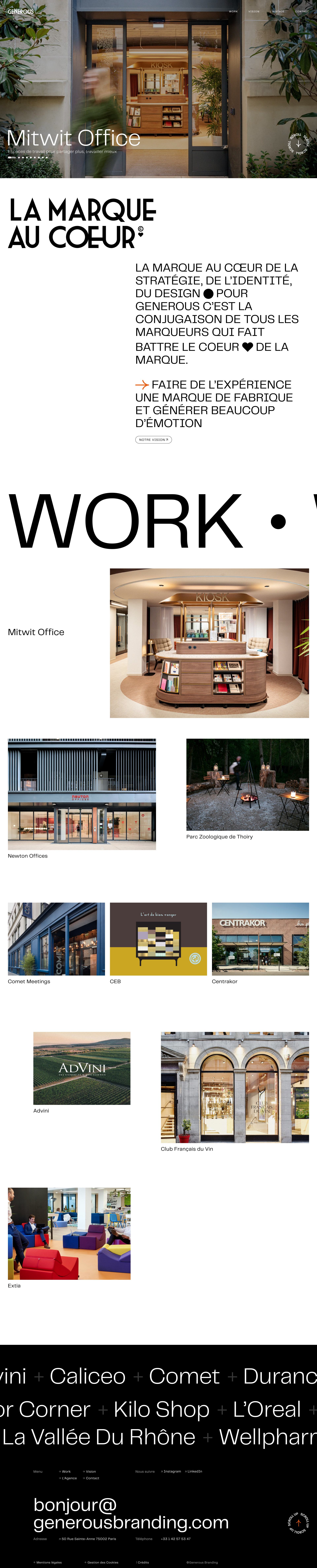 Generous Branding Landing Page Example: As a consulting agency specializing in brand strategy, branding and space design, we invent brand identities and experiences to enhance brands.