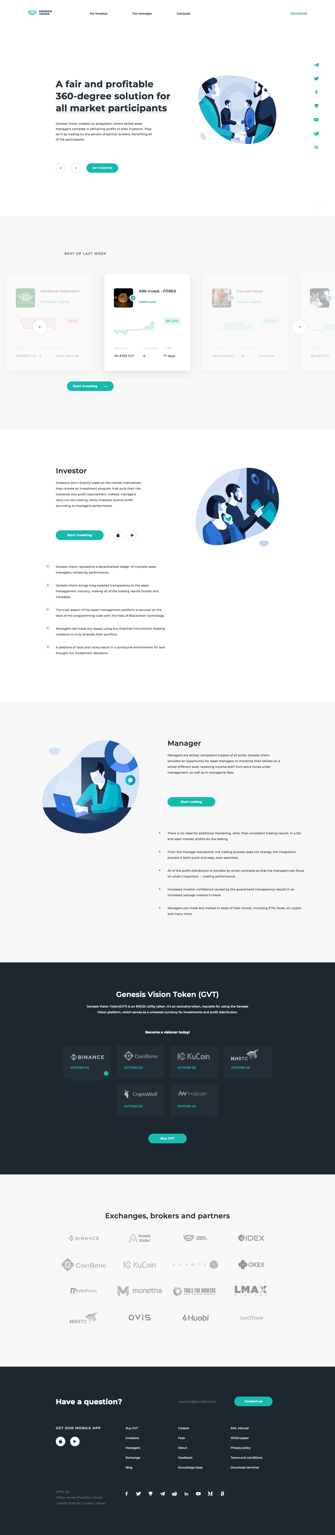 Genesis Vision Landing Page Example: Genesis Vision is the platform for the private trust management market, built on Blockchain technology and Smart Contracts.