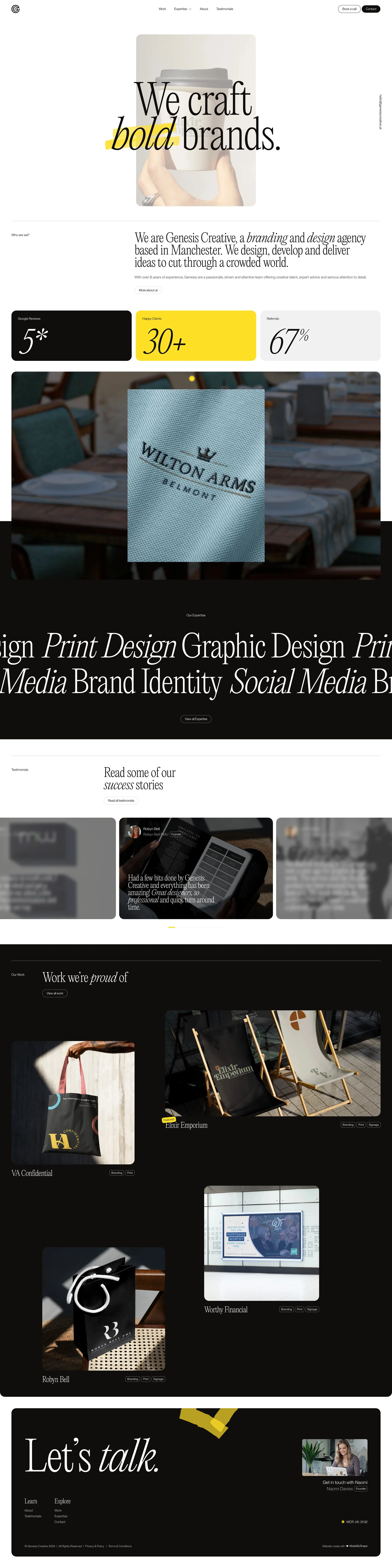 Genesis Creative Landing Page Example: We are Genesis Creative, a branding and design agency based in Manchester. We design, develop and deliver ideas to cut through a crowded world.