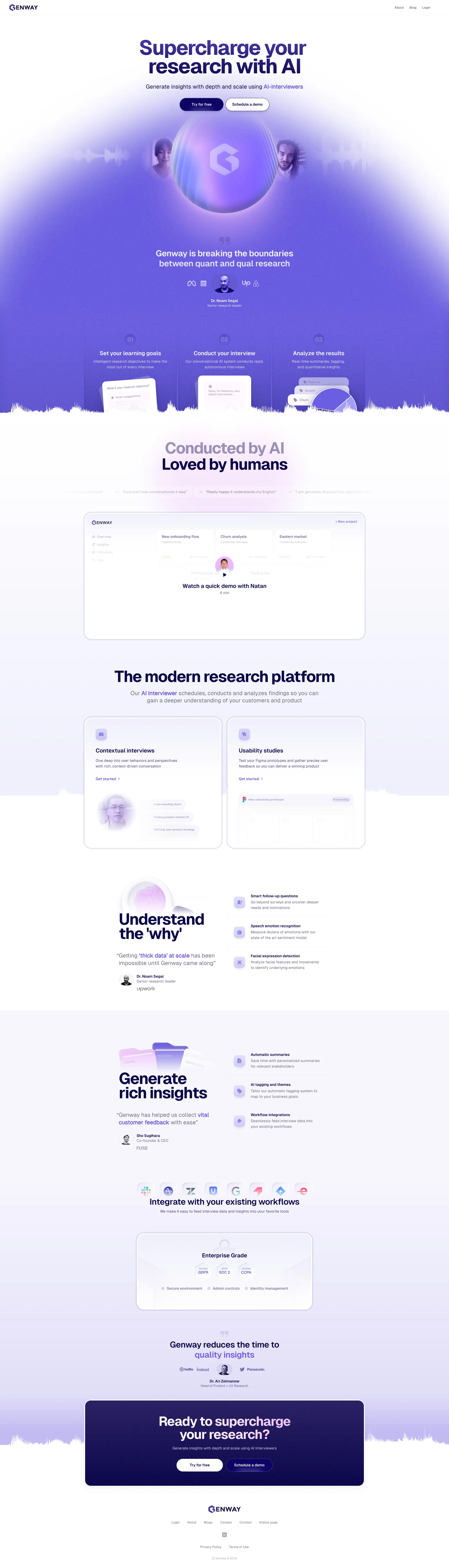 Genway Landing Page Example: Generate insights with depth and scale using AI-interviewers. Unlocking human insights at scale for people-centric businesses.