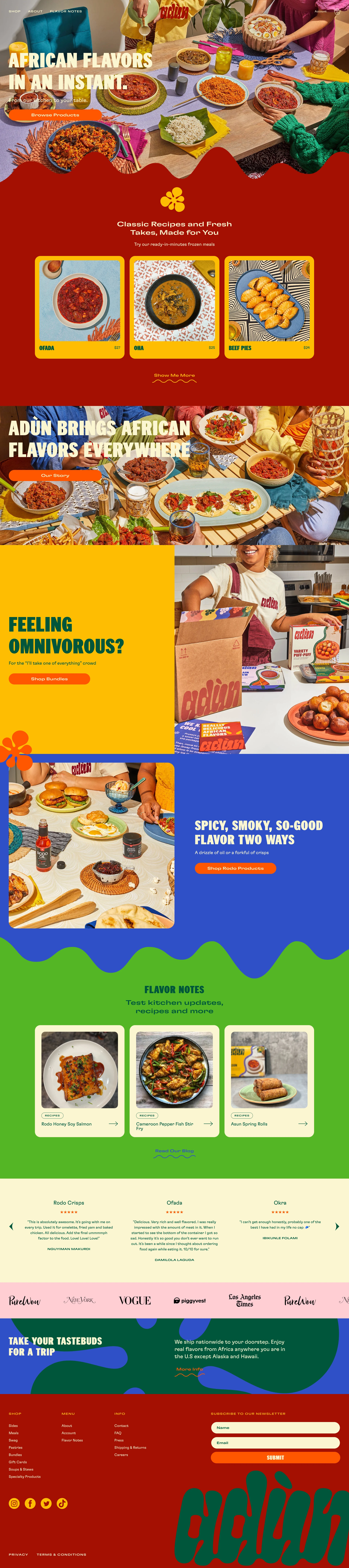Adùn Landing Page Example: Adùn brings African flavors from our kitchen to your table. Classic Recipes and Fresh Takes, Made for You. Try our ready-in-minutes frozen meals.