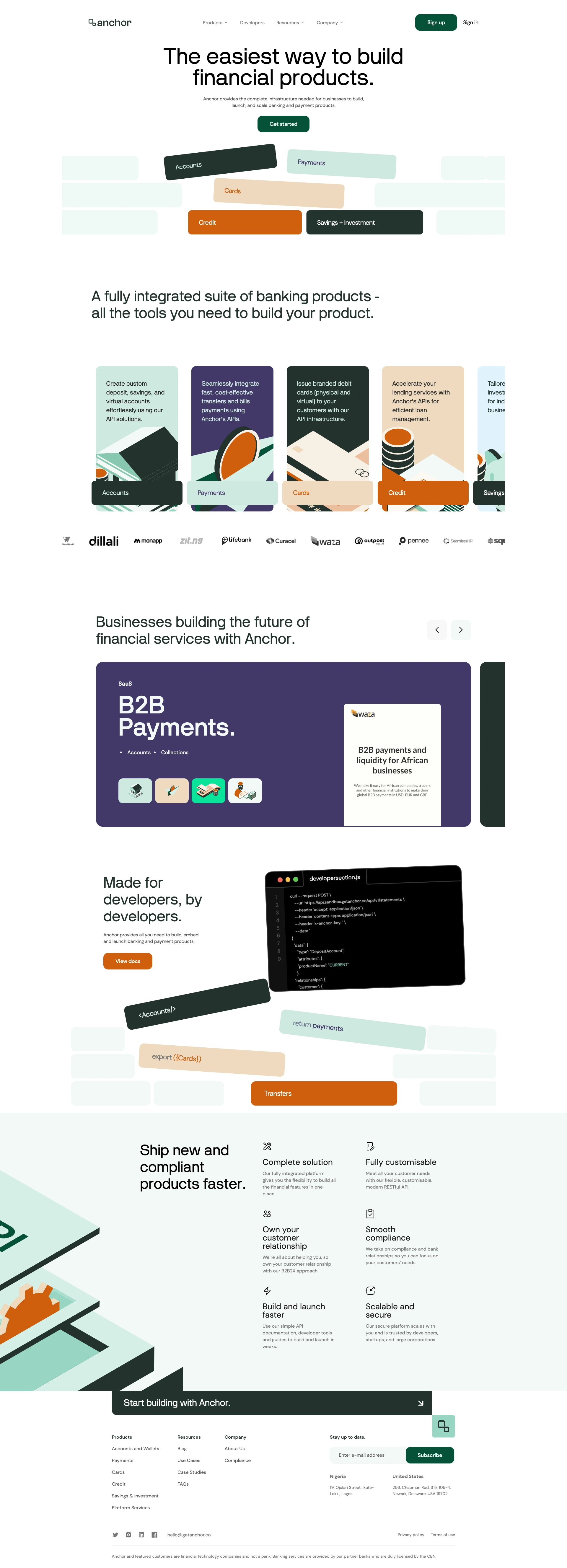 Anchor Landing Page Example: The easiest way to build financial products. Anchor provides the complete infrastructure needed for businesses to build, launch, and scale banking and payment products.