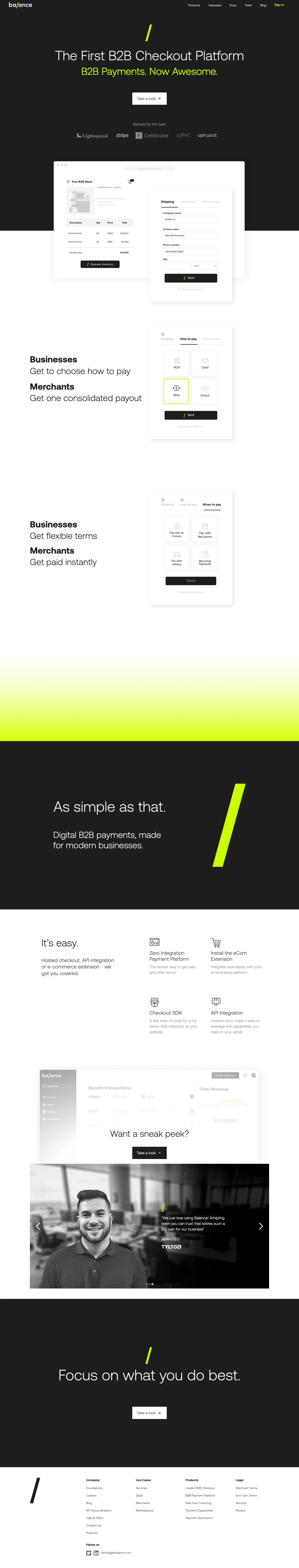 Balance Landing Page Example: The First B2B Checkout Platform.